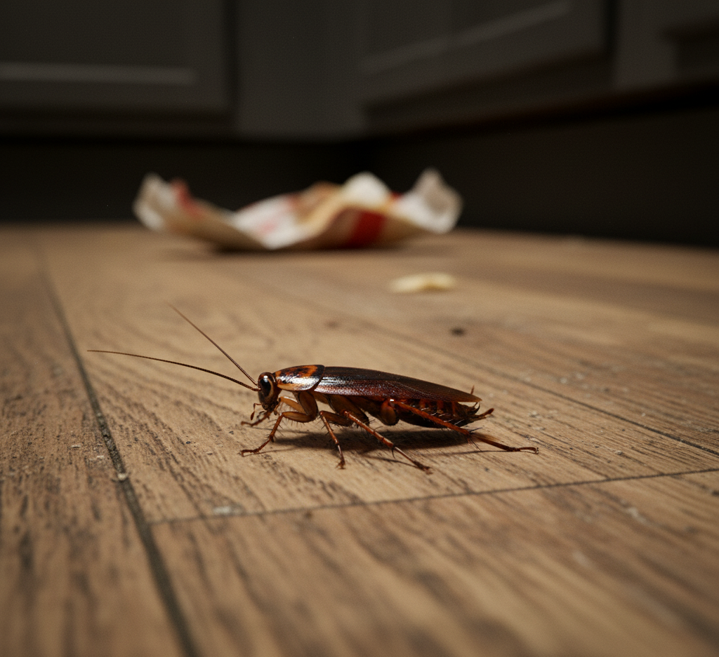 Large cockroach on kitchen floor next to food debris handled by Cockroach Exterminator in Houston.