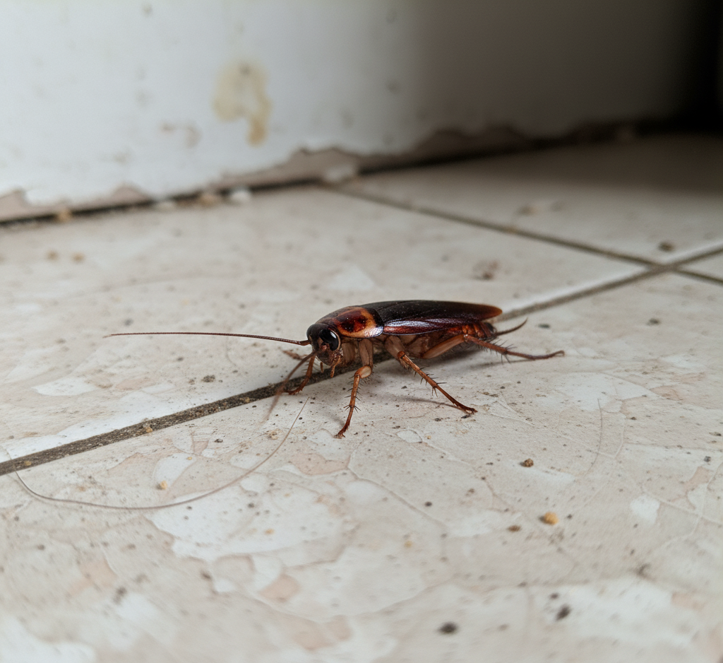 Close-up of a cockroach on a tiled kitchen floor before treatment by Cockroach Exterminator in Houston.