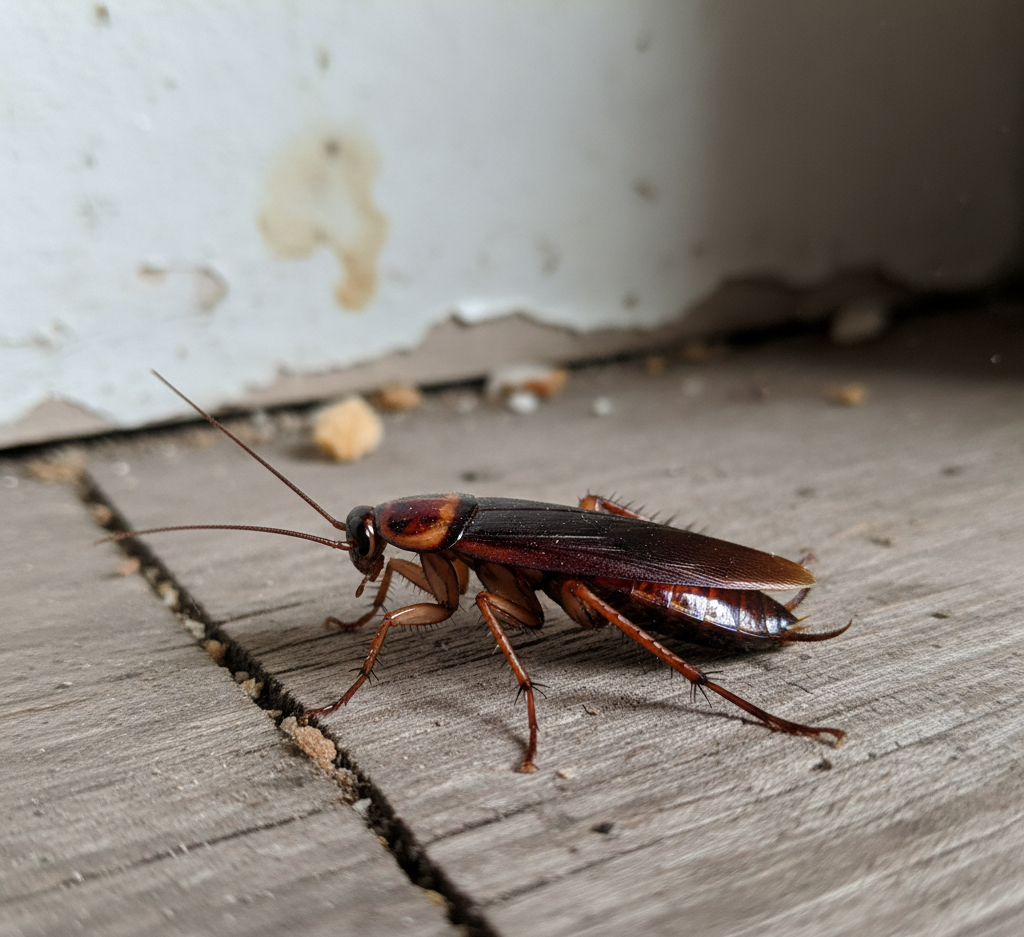 Cockroach on wooden floor inside a Houston home showing infestation signs treated by Cockroach Exterminator in Houston.