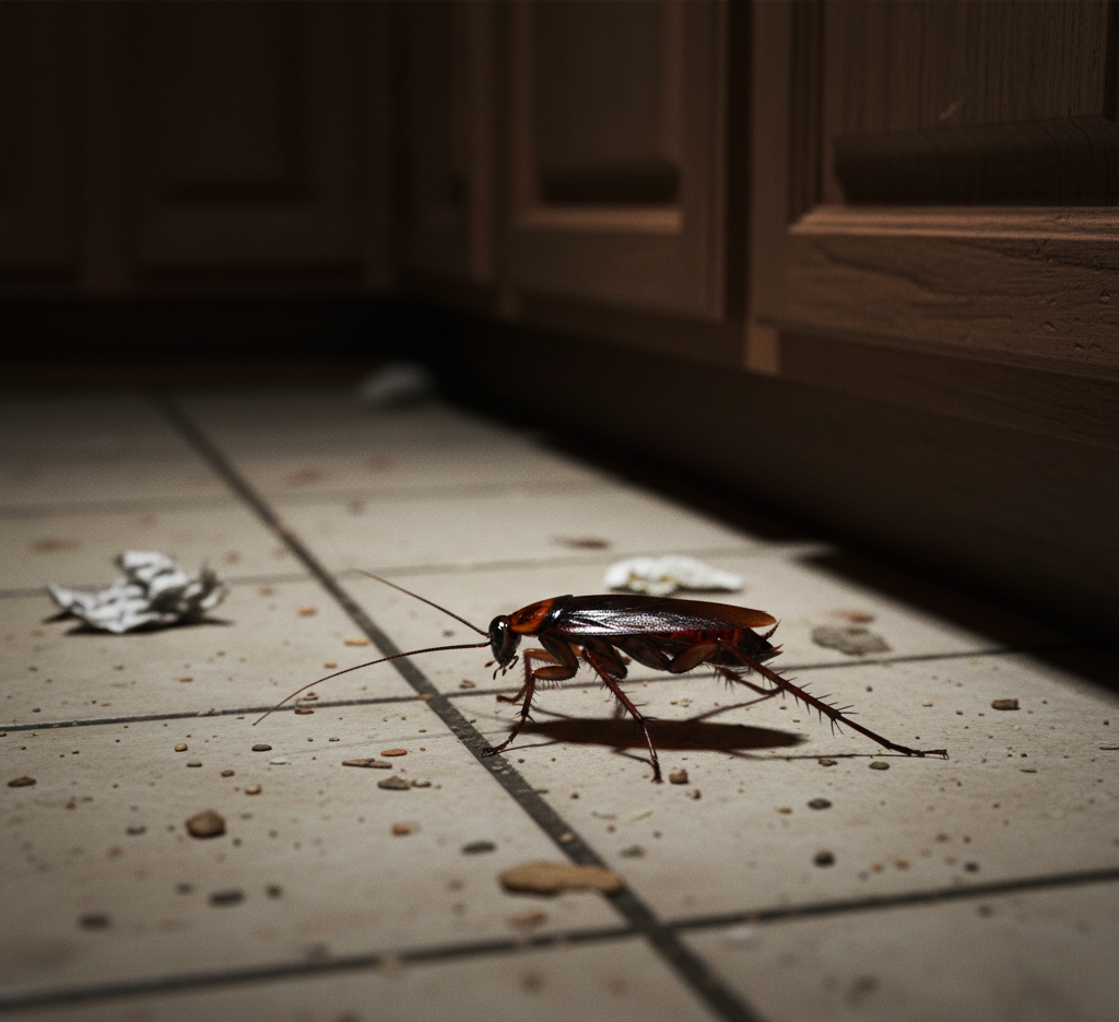 Cockroach crawling near kitchen cabinets before pest control service from Cockroach Exterminator in Houston.